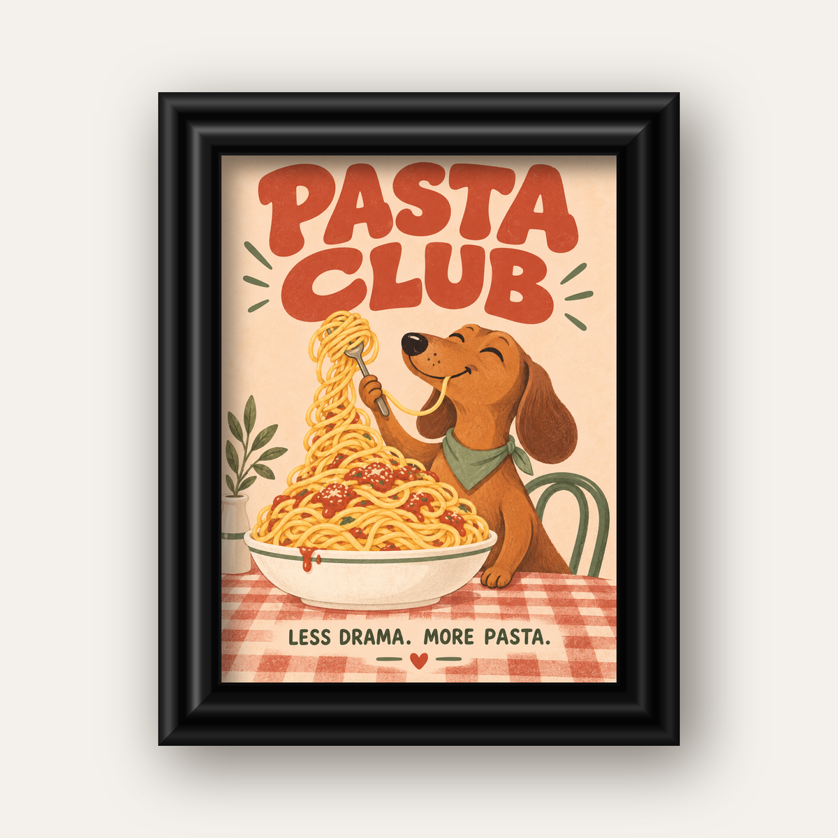 Spagetti Seven Köpek Retro Poster – Pasta Club Tasarımı — siyah galeri çerçeveli