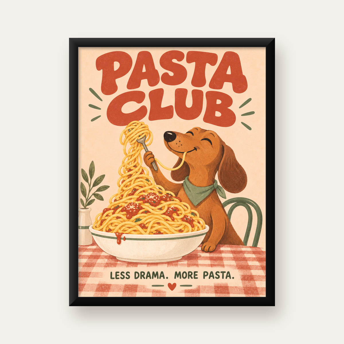 Spagetti Seven Köpek Retro Poster – Pasta Club Tasarımı — Dikey baskı, düz siyah çerçeveli duvar posteri