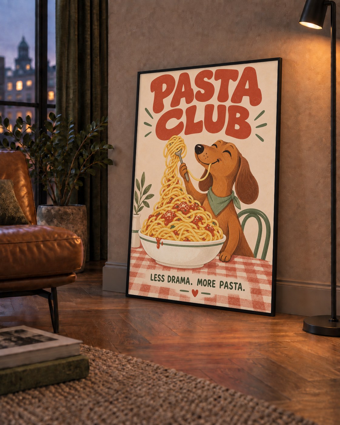 Spagetti Seven Köpek Retro Poster – Pasta Club Tasarımı — çerçeveli hâliyle bir ev duvarında