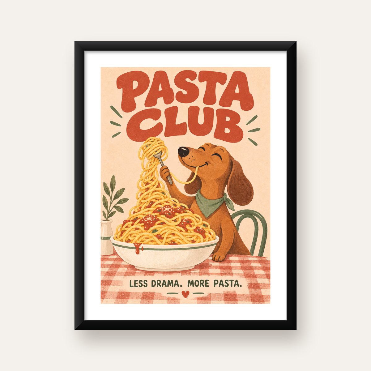 Spagetti Seven Köpek Retro Poster – Pasta Club Tasarımı — Dikey baskı, beyaz paspartulu