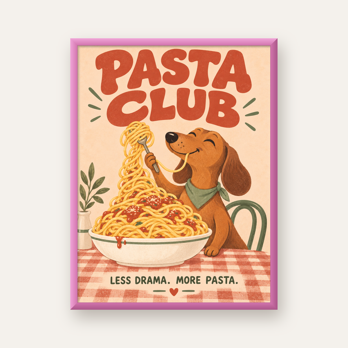 Spagetti Seven Köpek Retro Poster – Pasta Club Tasarımı — pembe çerçeveli