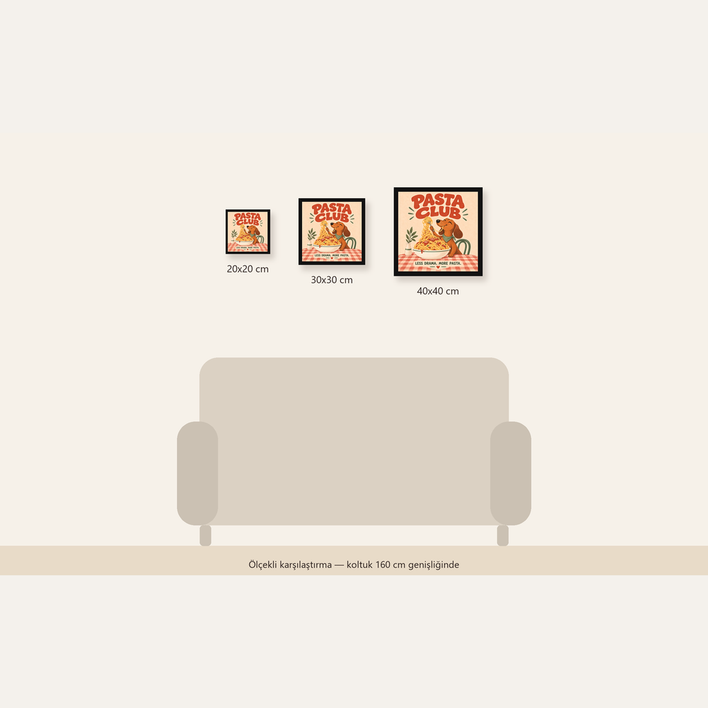 Spagetti Seven Köpek Retro Poster – Pasta Club Tasarımı — Kare ölçülerinin karşılaştırması
