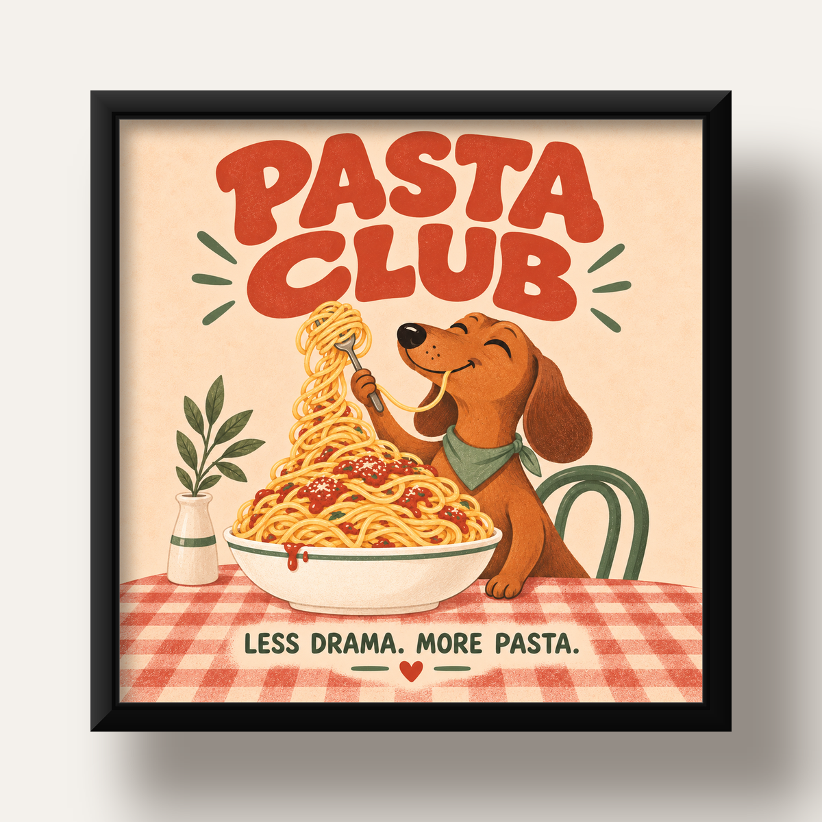 Spagetti Seven Köpek Retro Poster – Pasta Club Tasarımı — siyah derin çerçeveli