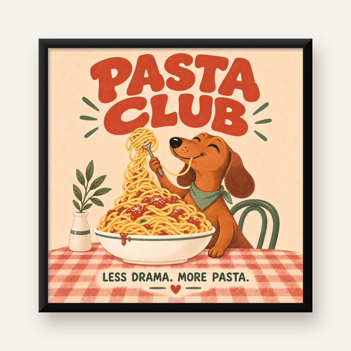 Spagetti Seven Köpek Retro Poster – Pasta Club Tasarımı — Kare baskı, düz siyah çerçeveli duvar posteri