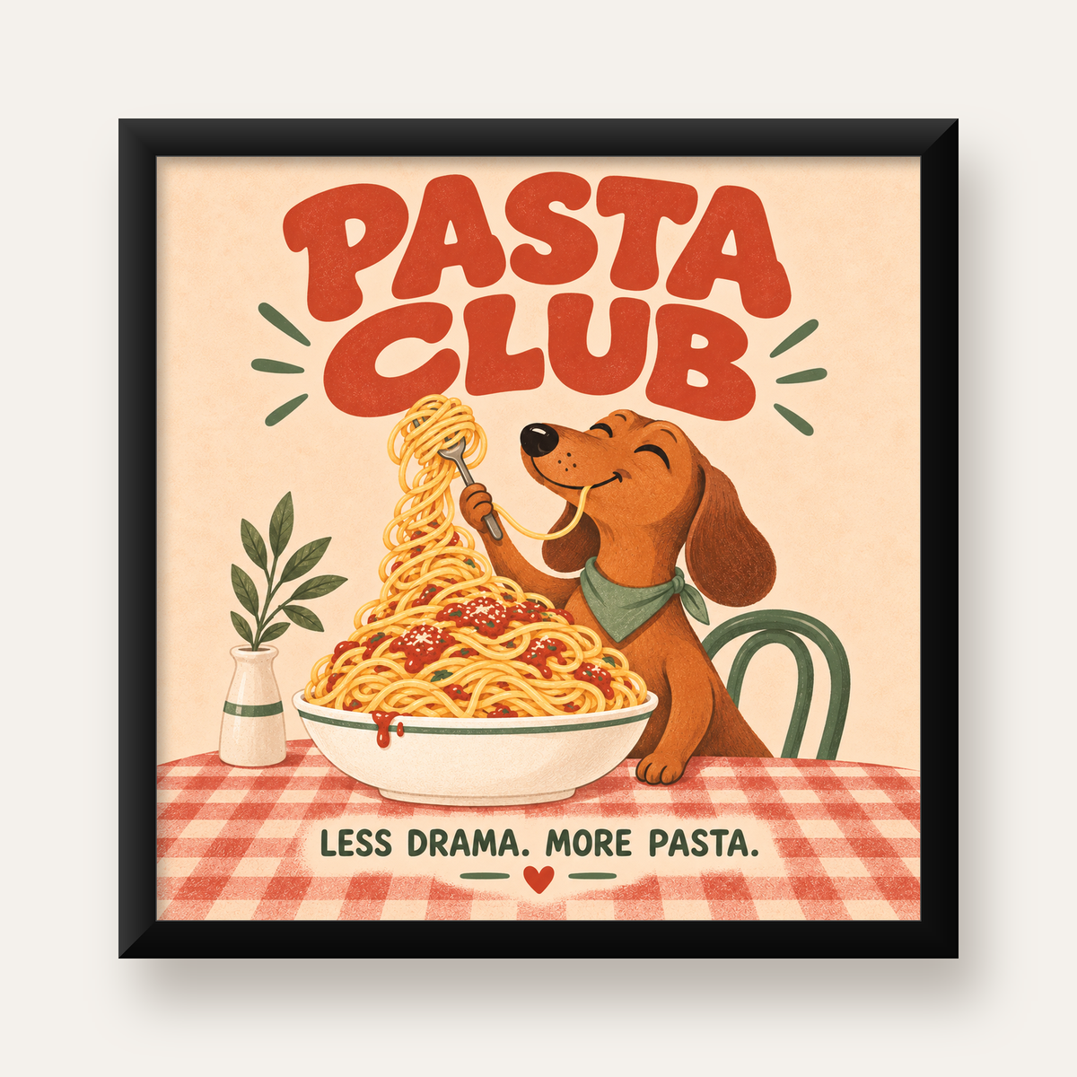 Spagetti Seven Köpek Retro Poster – Pasta Club Tasarımı — Kare baskı, düz siyah çerçeveli duvar posteri