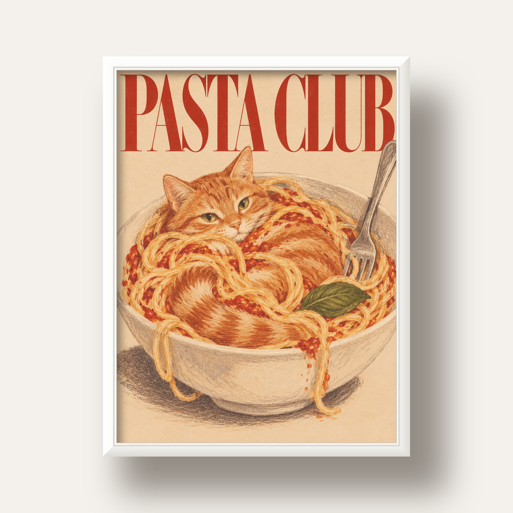 Pasta Club: Spagetti Arasında Kedi Poster – Renkli Sanat Baskısı — beyaz derin çerçeveli