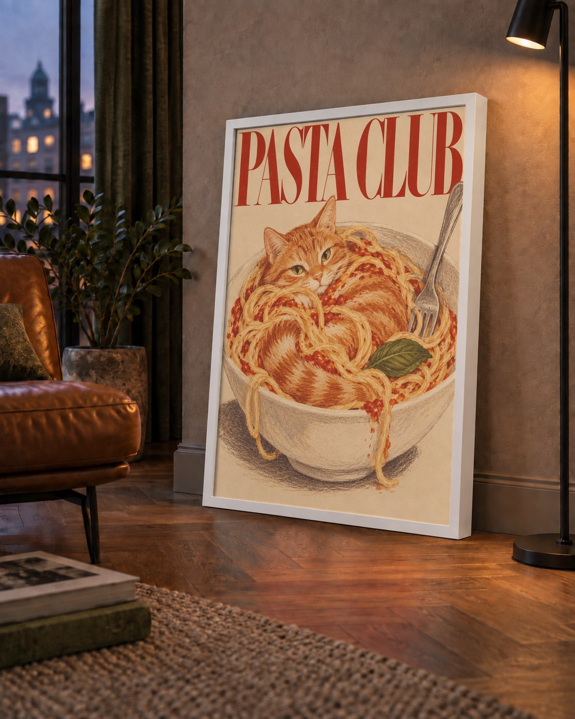 Pasta Club: Spagetti Arasında Kedi Poster – Renkli Sanat Baskısı — çerçeveli hâliyle bir ev duvarında