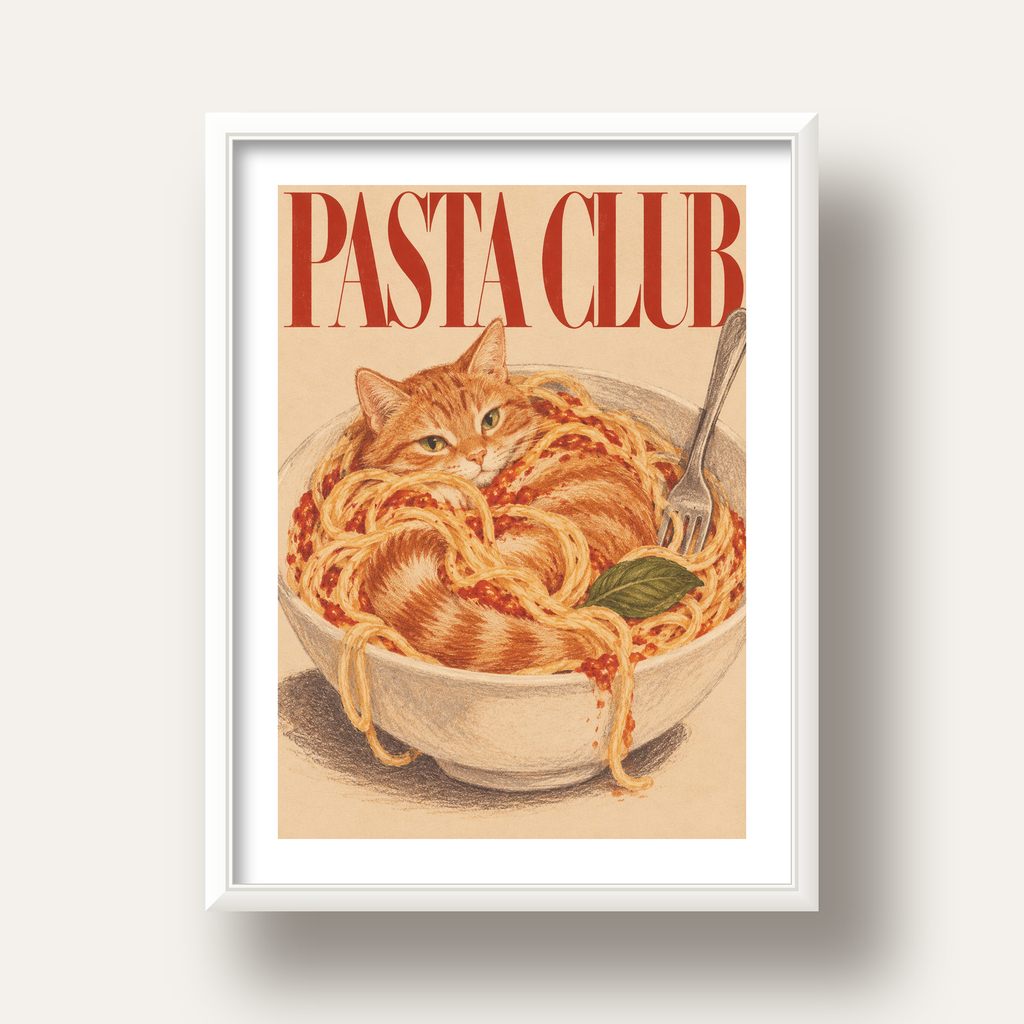 Pasta Club: Spagetti Arasında Kedi Poster – Renkli Sanat Baskısı — beyaz derin çerçeveli paspartulu