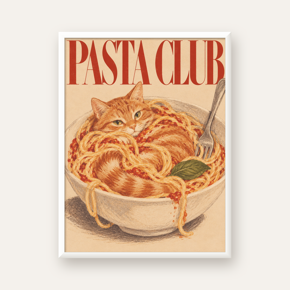 Pasta Club: Spagetti Arasında Kedi Poster – Renkli Sanat Baskısı — beyaz çerçeveli dikey poster