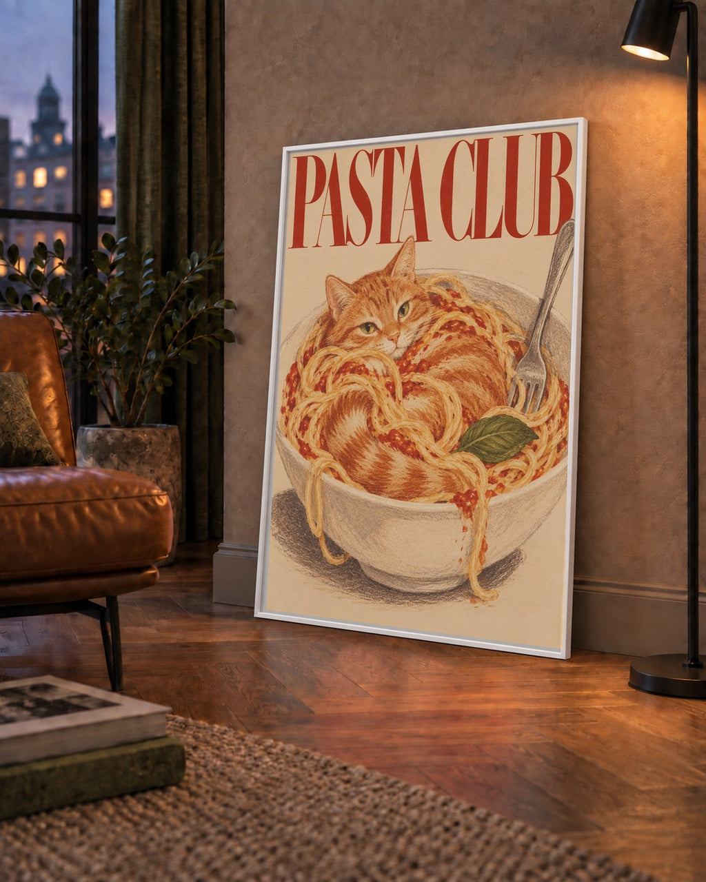 Pasta Club: Spagetti Arasında Kedi Poster – Renkli Sanat Baskısı — çerçeveli hâliyle bir ev duvarında