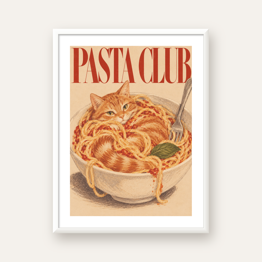 Pasta Club: Spagetti Arasında Kedi Poster – Renkli Sanat Baskısı — beyaz çerçeveli dikey poster