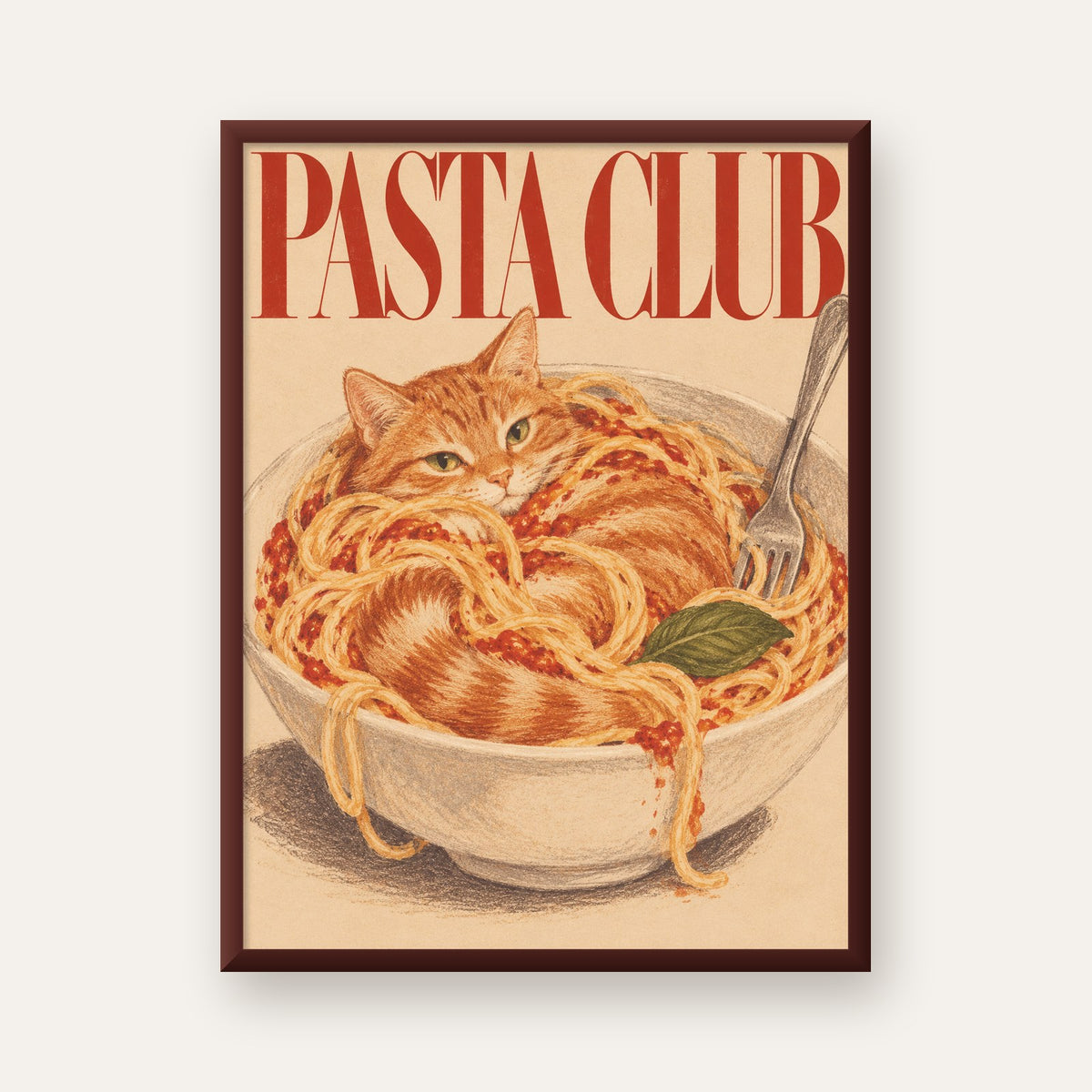 Pasta Club: Spagetti Arasında Kedi Poster – Renkli Sanat Baskısı — ceviz çerçeveli