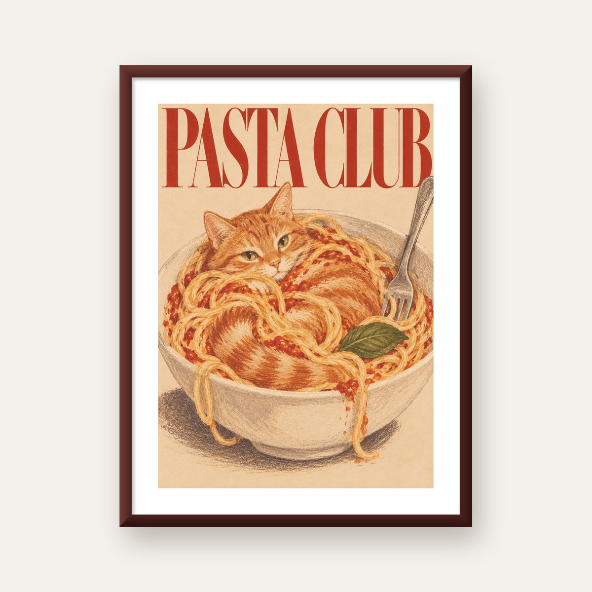 Pasta Club: Spagetti Arasında Kedi Poster – Renkli Sanat Baskısı — ceviz çerçeveli paspartulu