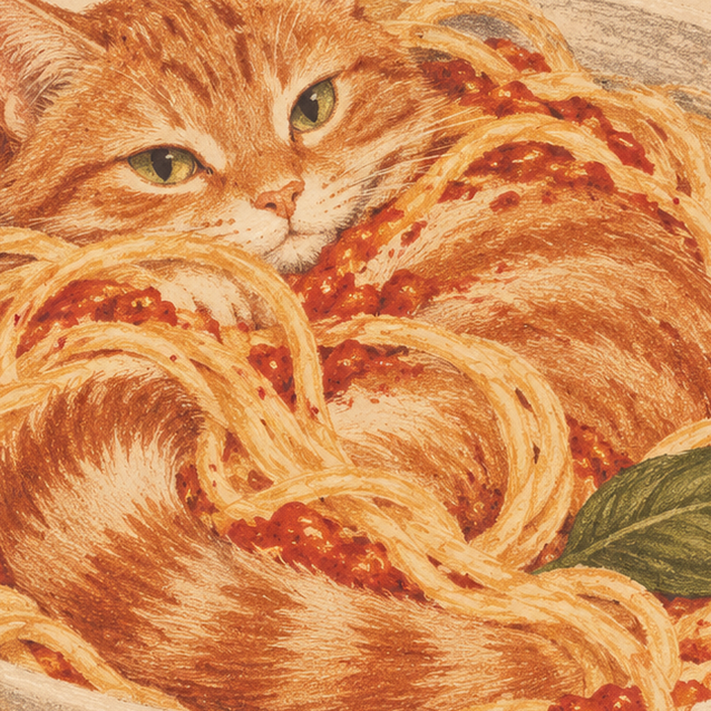 Pasta Club: Spagetti Arasında Kedi Poster – Renkli Çerçeveli Baskı — baskının yakın çekimi, kâğıt dokusu ve renk detayı