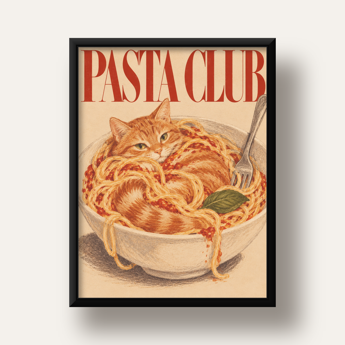 Pasta Club: Spagetti Arasında Kedi Poster – Renkli Sanat Baskısı — siyah derin çerçeveli