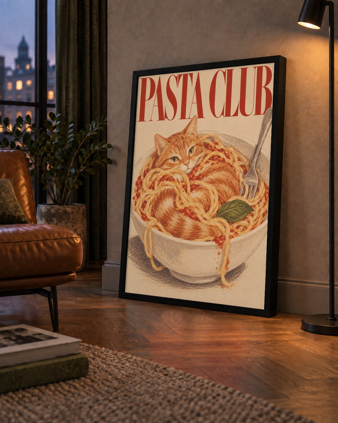 Pasta Club: Spagetti Arasında Kedi Poster – Renkli Sanat Baskısı — çerçeveli hâliyle bir ev duvarında