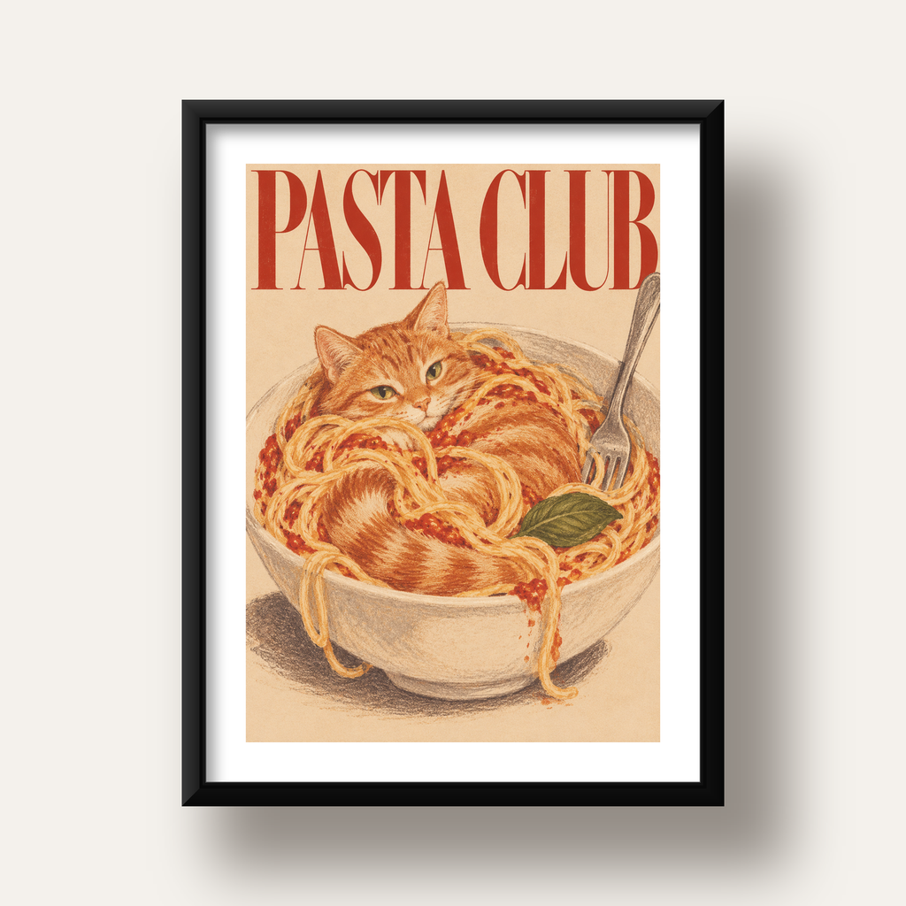 Pasta Club: Spagetti Arasında Kedi Poster – Renkli Sanat Baskısı — siyah derin çerçeveli paspartulu