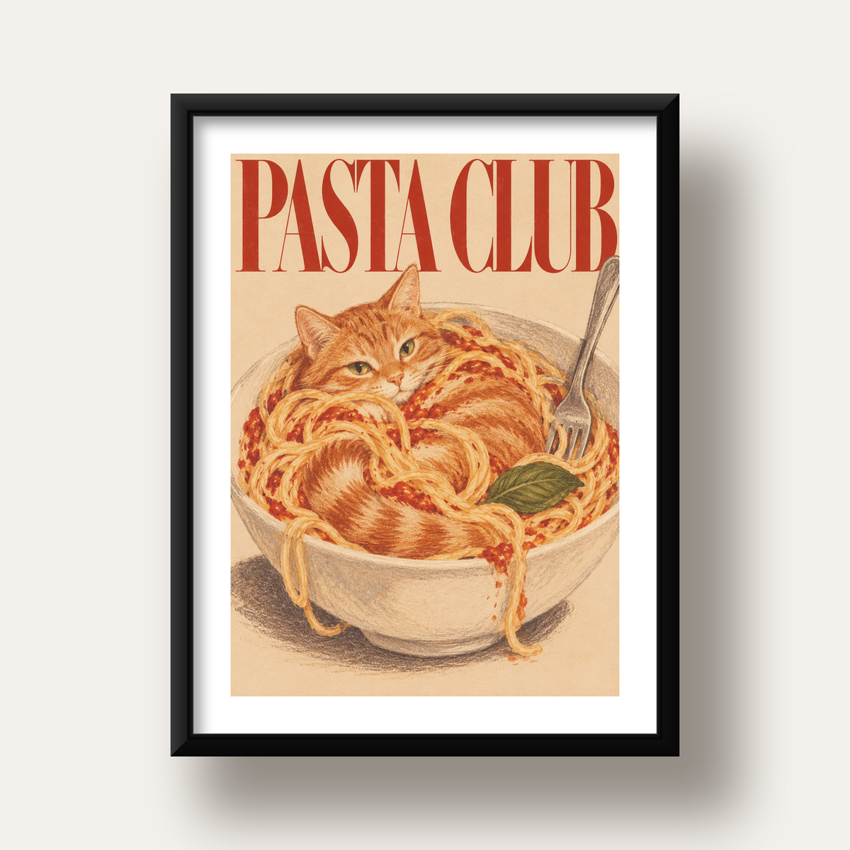 Pasta Club: Spagetti Arasında Kedi Poster – Renkli Sanat Baskısı — siyah derin çerçeveli paspartulu