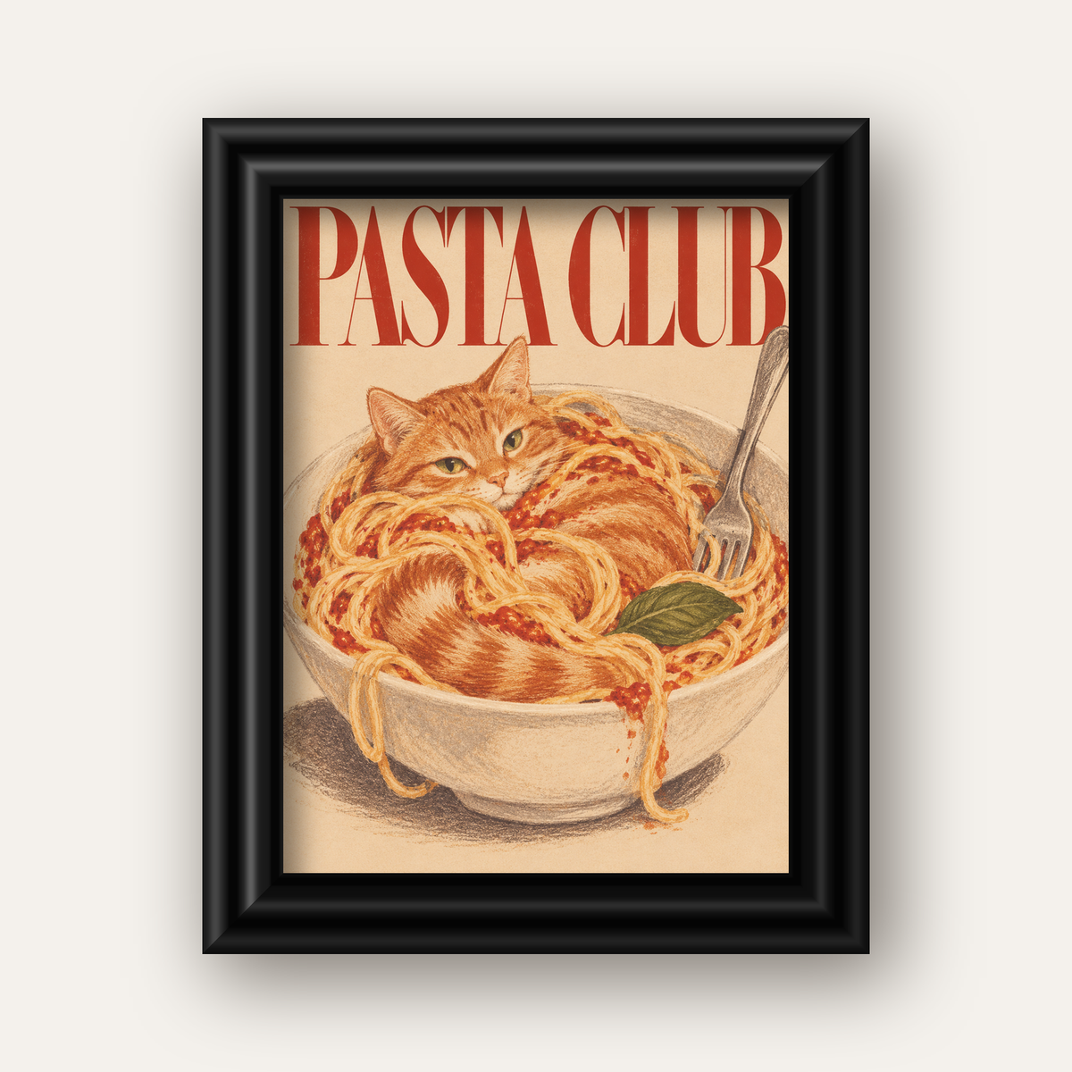 Pasta Club: Spagetti Arasında Kedi Poster – Renkli Sanat Baskısı — siyah galeri çerçeveli