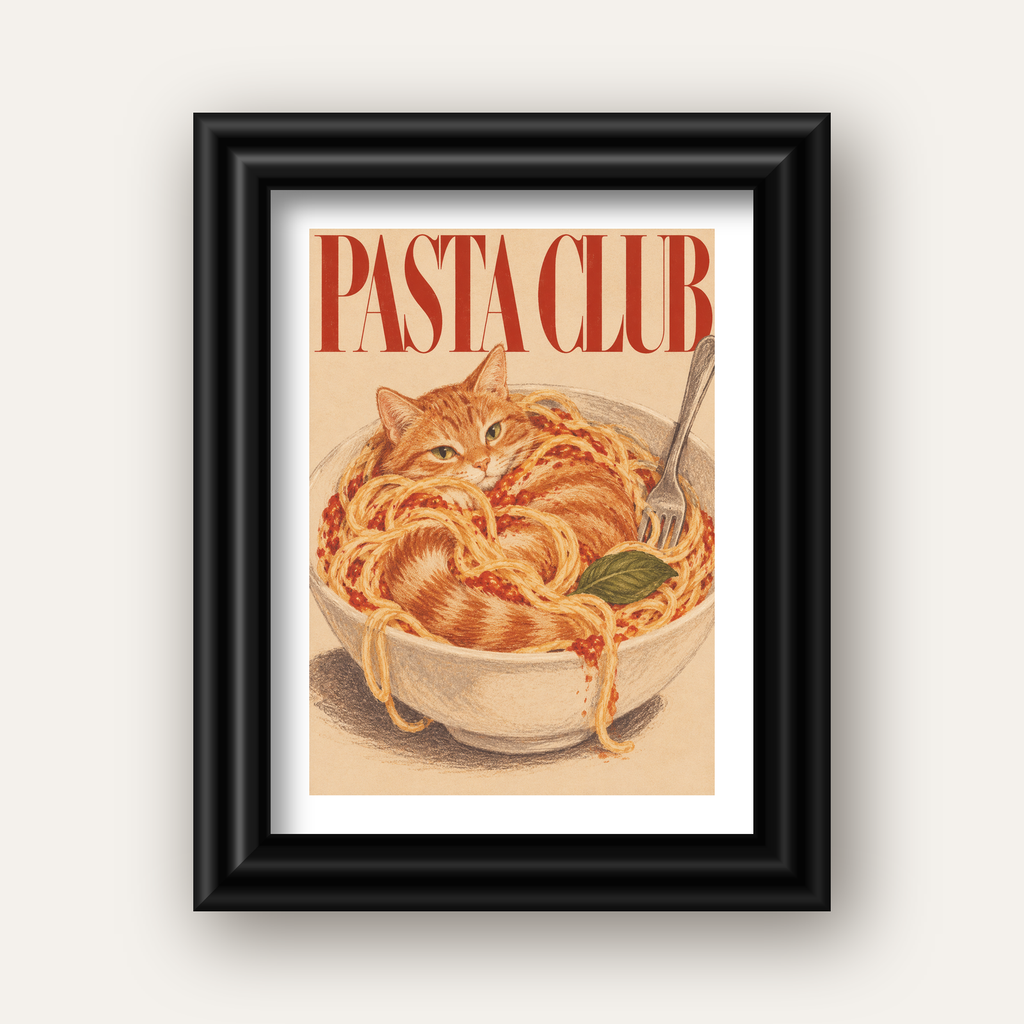 Pasta Club: Spagetti Arasında Kedi Poster – Renkli Sanat Baskısı — siyah galeri çerçeveli paspartulu
