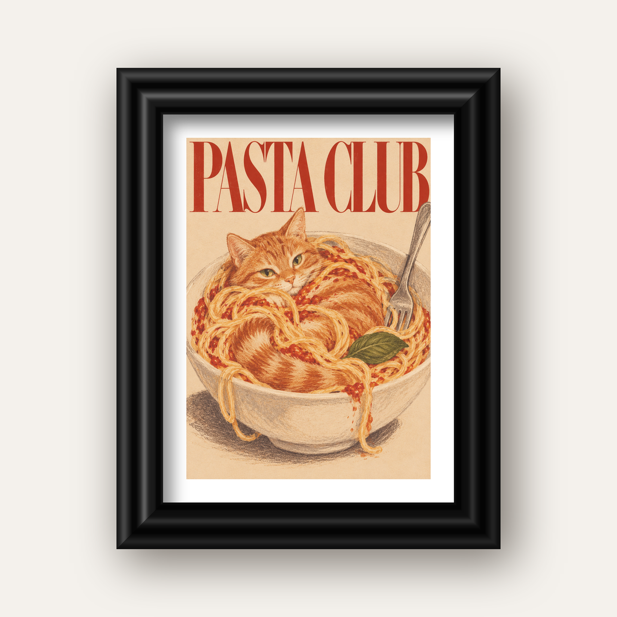 Pasta Club: Spagetti Arasında Kedi Poster – Renkli Sanat Baskısı — siyah galeri çerçeveli paspartulu