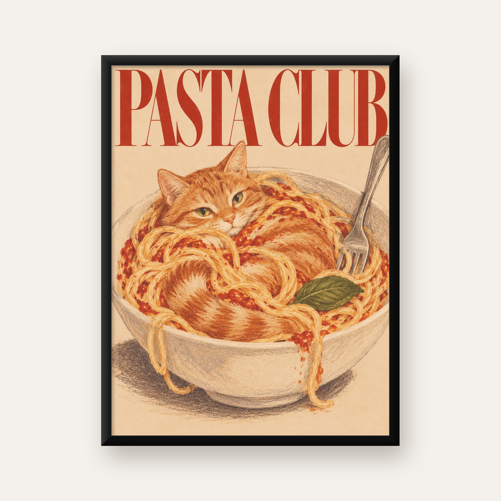 Pasta Club: Spagetti Arasında Kedi Poster – Renkli Çerçeveli Baskı — Dikey baskı, düz siyah çerçeveli duvar posteri