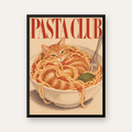 Pasta Club: Spagetti Arasında Kedi Poster – Renkli Çerçeveli Baskı — Dikey baskı, düz siyah çerçeveli duvar posteri