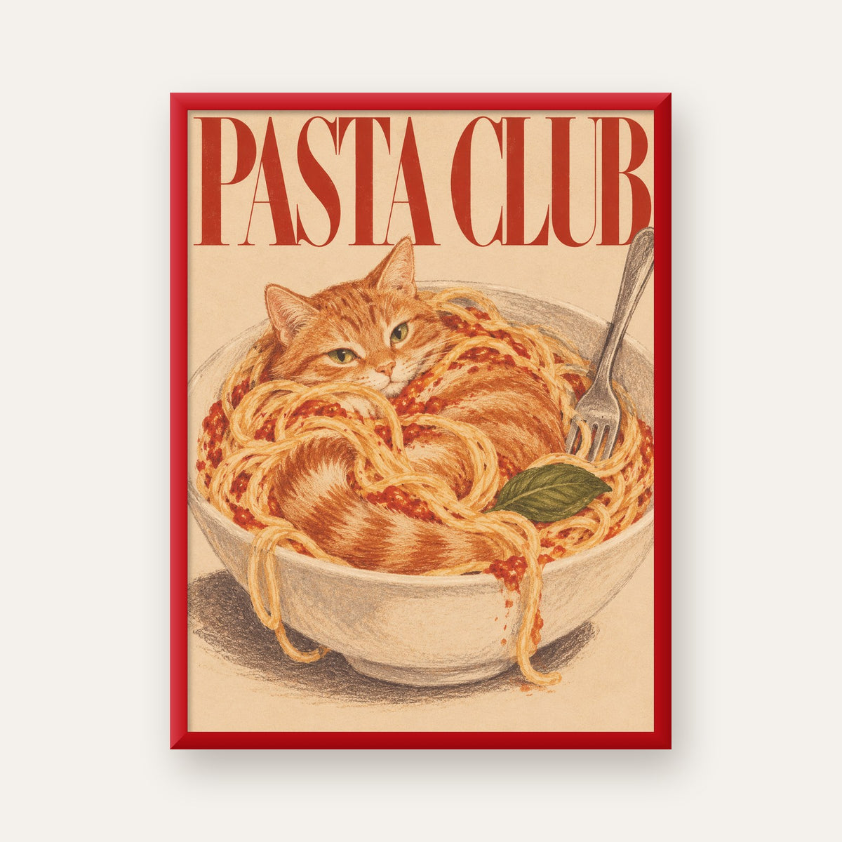 Pasta Club: Spagetti Arasında Kedi Poster – Renkli Sanat Baskısı — kırmızı çerçeveli