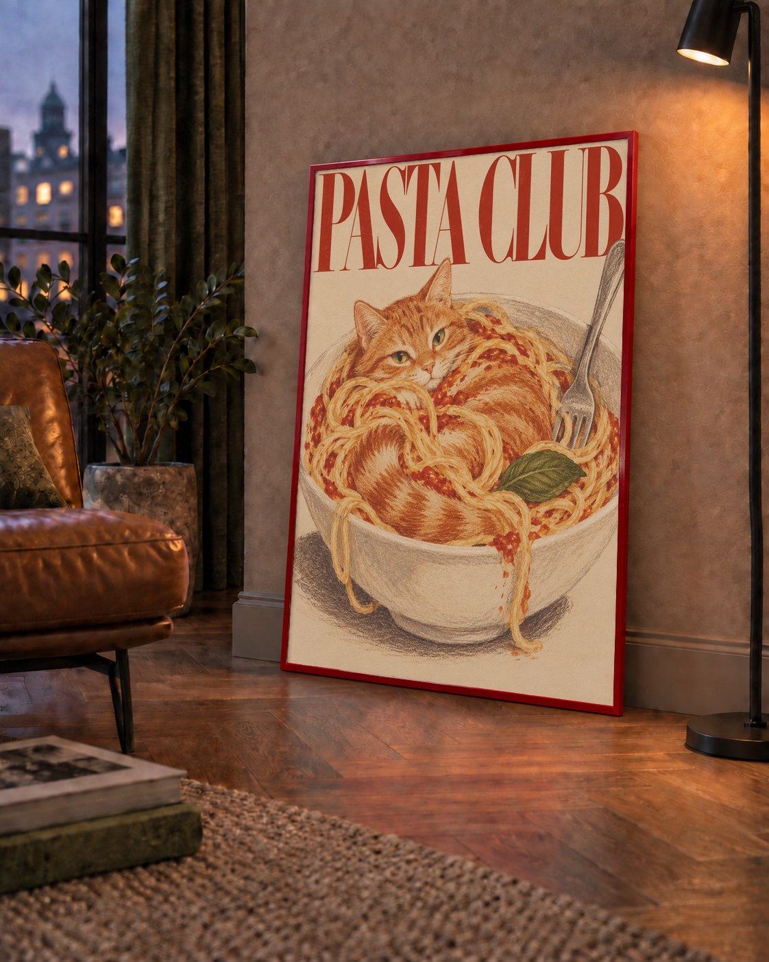 Pasta Club: Spagetti Arasında Kedi Poster – Renkli Sanat Baskısı — çerçeveli hâliyle bir ev duvarında