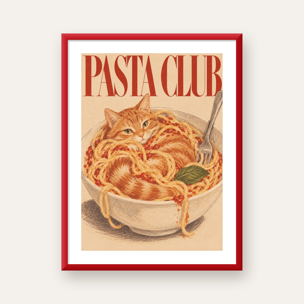 Pasta Club: Spagetti Arasında Kedi Poster – Renkli Sanat Baskısı — kırmızı çerçeveli paspartulu