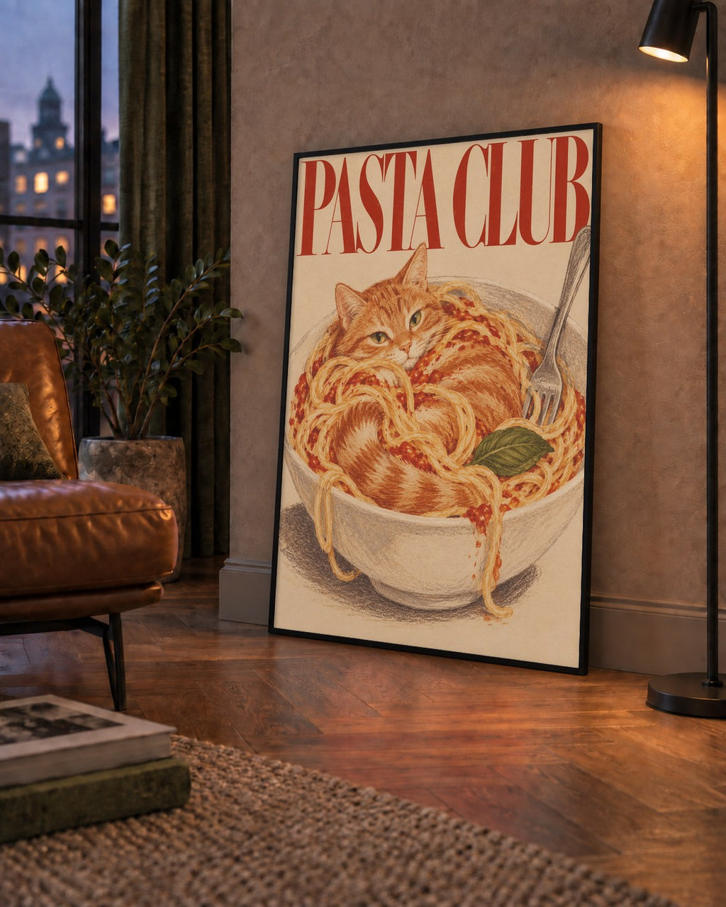 Pasta Club: Spagetti Arasında Kedi Poster – Renkli Sanat Baskısı — çerçeveli hâliyle bir ev duvarında