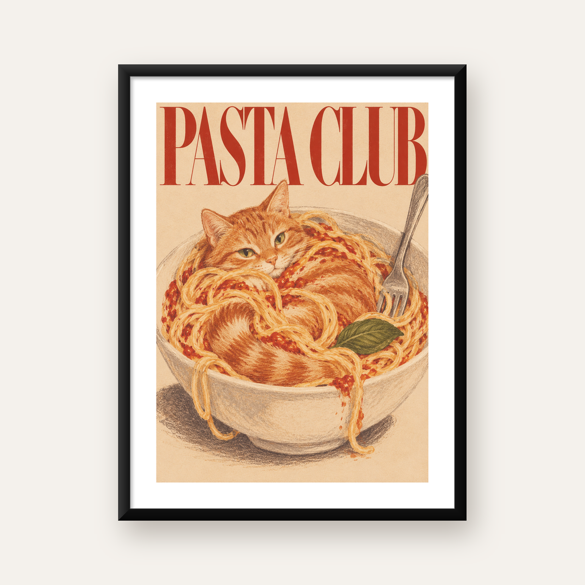 Pasta Club: Spagetti Arasında Kedi Poster – Renkli Çerçeveli Baskı — Dikey baskı, beyaz kenar boşluklu