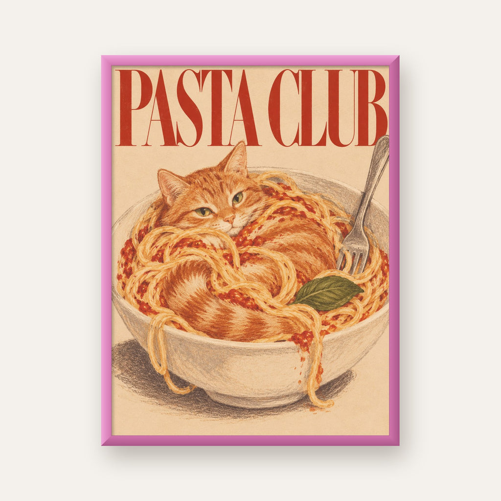 Pasta Club: Spagetti Arasında Kedi Poster – Renkli Sanat Baskısı — pembe çerçeveli