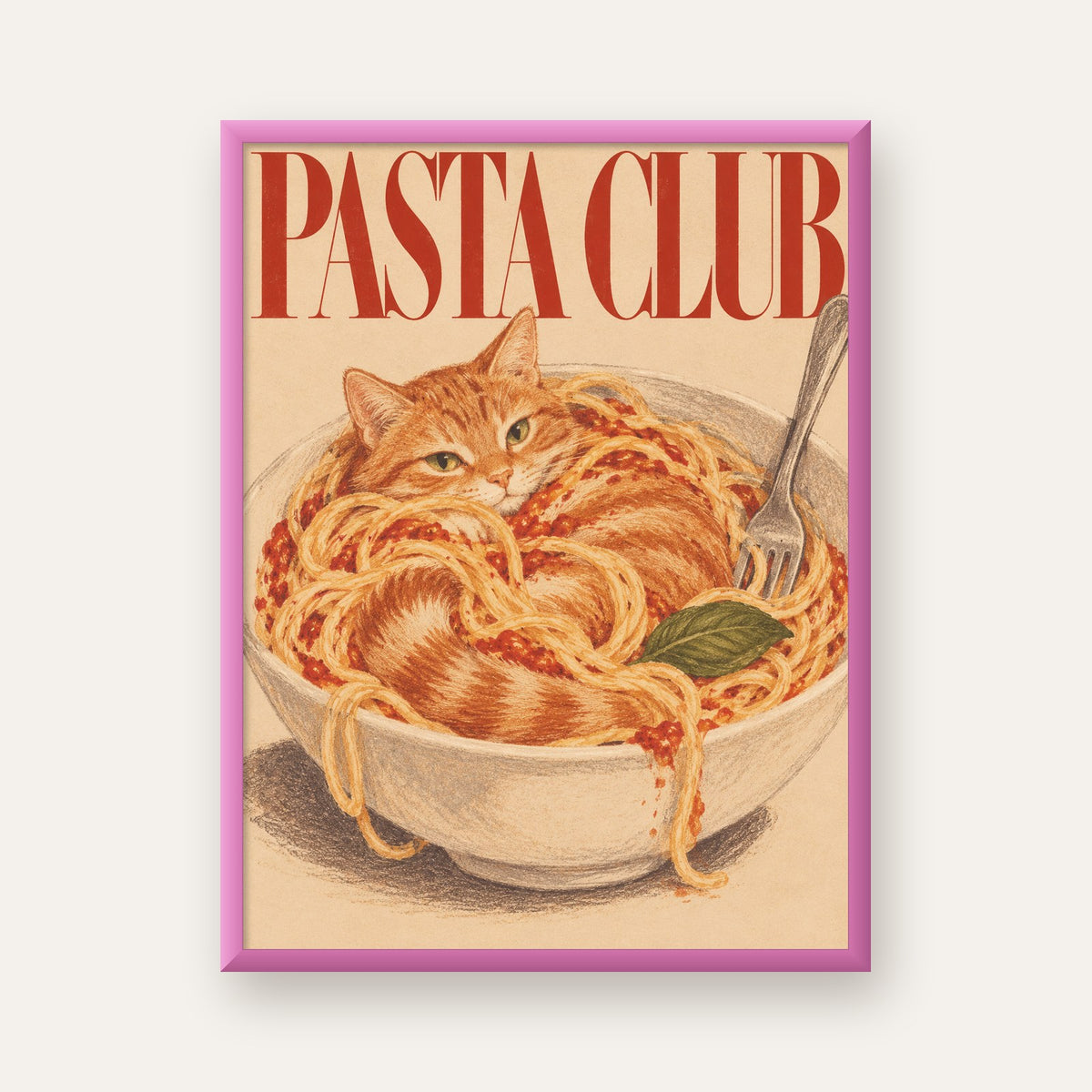 Pasta Club: Spagetti Arasında Kedi Poster – Renkli Sanat Baskısı — pembe çerçeveli