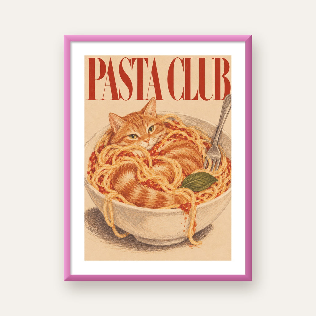 Pasta Club: Spagetti Arasında Kedi Poster – Renkli Sanat Baskısı — pembe çerçeveli paspartulu