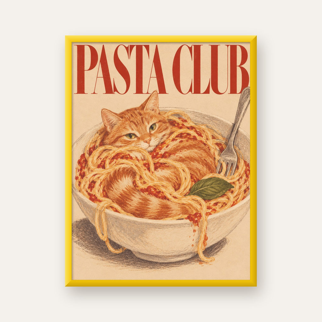 Pasta Club: Spagetti Arasında Kedi Poster – Renkli Sanat Baskısı — sarı çerçeveli
