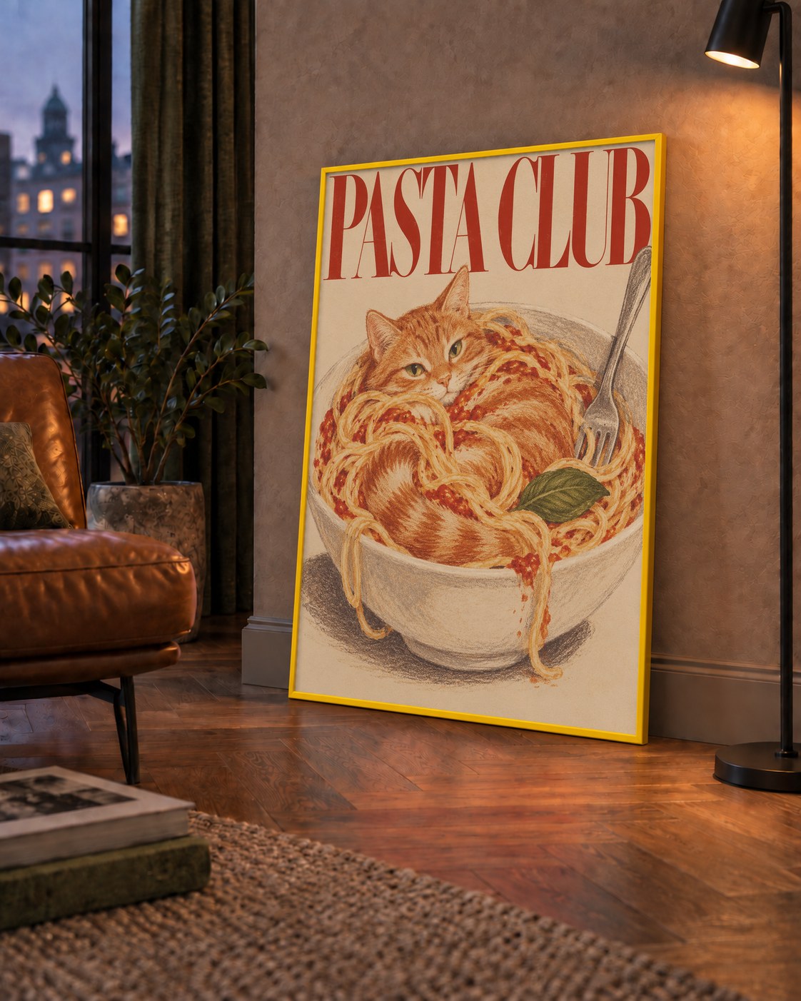 Pasta Club: Spagetti Arasında Kedi Poster – Renkli Sanat Baskısı — çerçeveli hâliyle bir ev duvarında