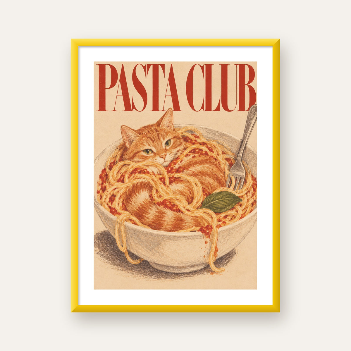 Pasta Club: Spagetti Arasında Kedi Poster – Renkli Sanat Baskısı — sarı çerçeveli paspartulu