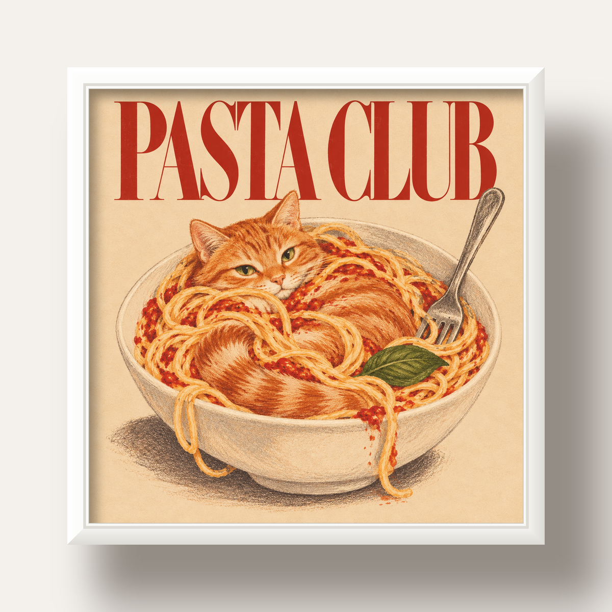 Pasta Club: Spagetti Arasında Kedi Poster – Renkli Sanat Baskısı — beyaz derin çerçeveli