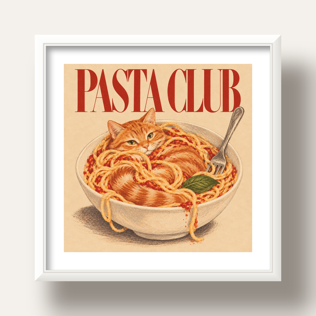 Pasta Club: Spagetti Arasında Kedi Poster – Renkli Sanat Baskısı — beyaz derin çerçeveli paspartulu