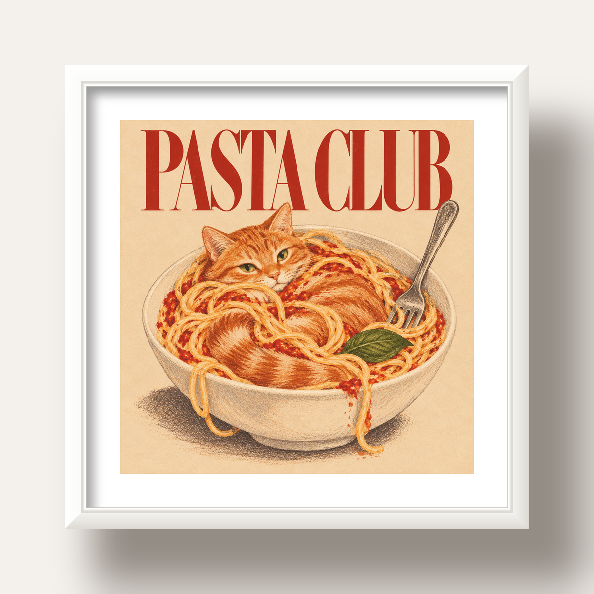 Pasta Club: Spagetti Arasında Kedi Poster – Renkli Sanat Baskısı — beyaz derin çerçeveli paspartulu