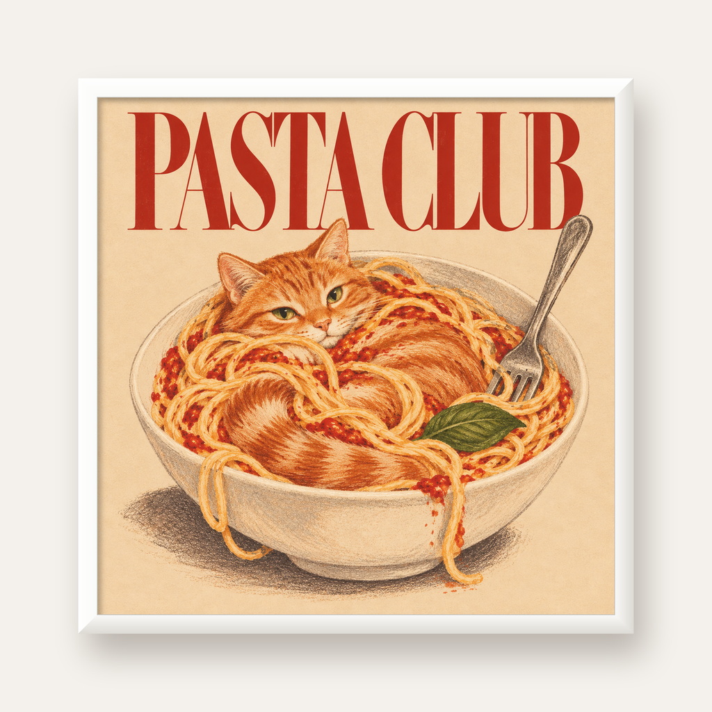 Pasta Club: Spagetti Arasında Kedi Poster – Renkli Sanat Baskısı — beyaz çerçeveli kare poster