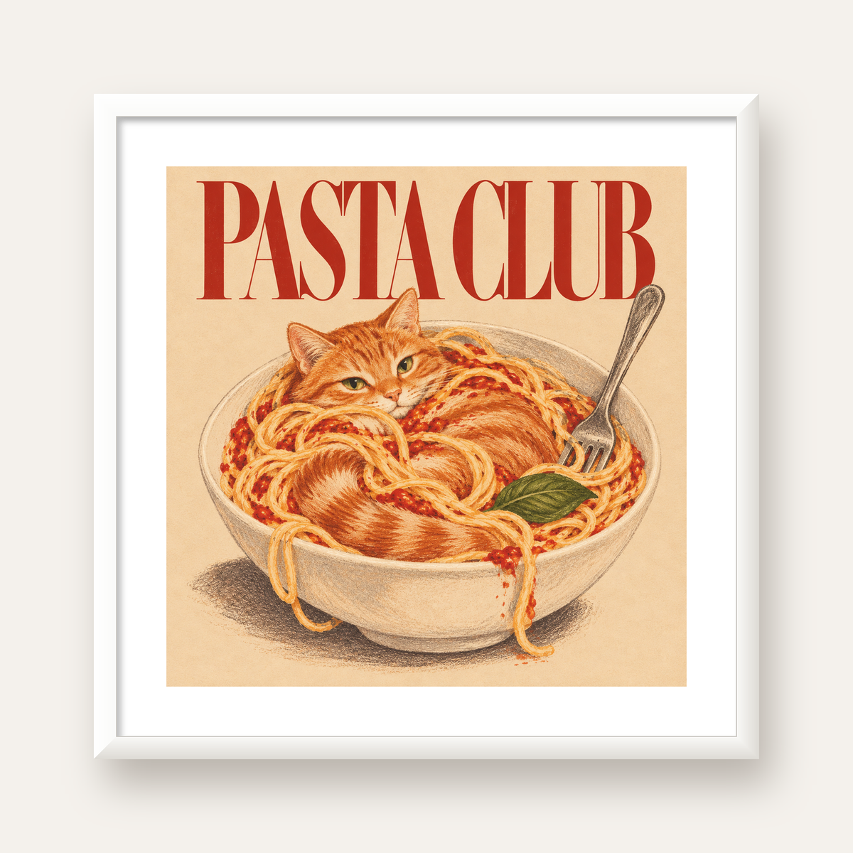 Pasta Club: Spagetti Arasında Kedi Poster – Renkli Sanat Baskısı — beyaz çerçeveli kare poster