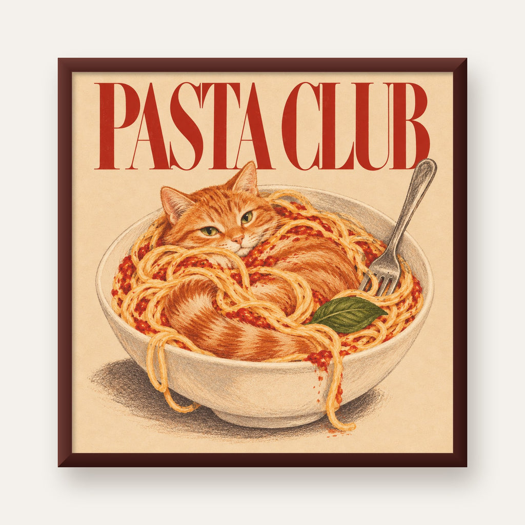 Pasta Club: Spagetti Arasında Kedi Poster – Renkli Sanat Baskısı — ceviz çerçeveli