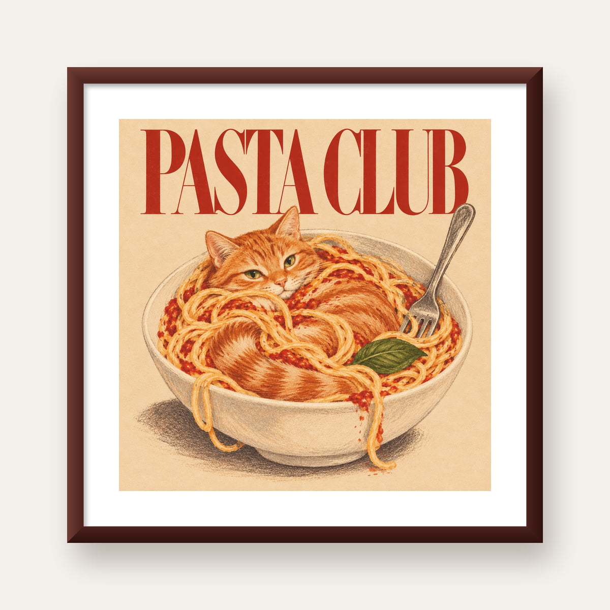 Pasta Club: Spagetti Arasında Kedi Poster – Renkli Sanat Baskısı — ceviz çerçeveli paspartulu