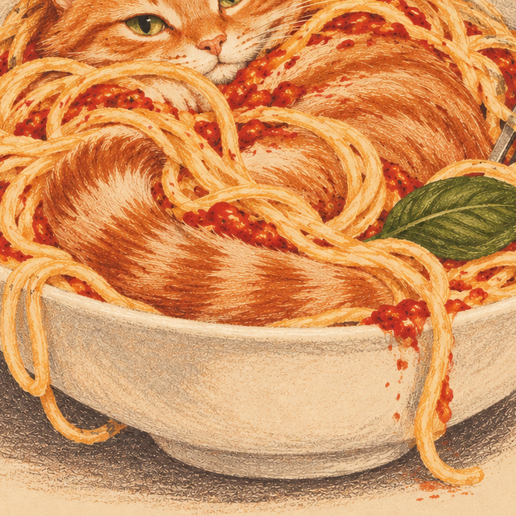 Pasta Club: Spagetti Arasında Kedi Poster – Renkli Çerçeveli Baskı — baskının yakın çekimi, kâğıt dokusu ve renk detayı
