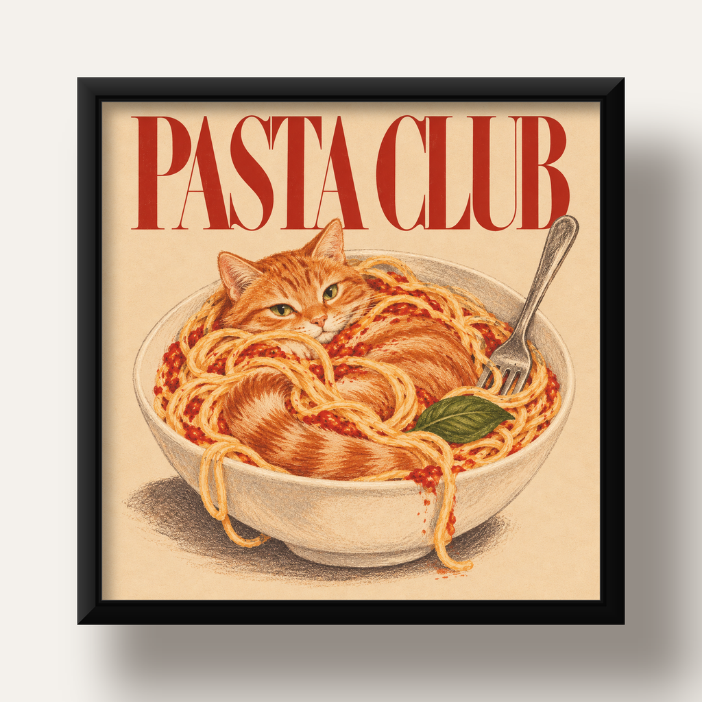 Pasta Club: Spagetti Arasında Kedi Poster – Renkli Sanat Baskısı — siyah derin çerçeveli