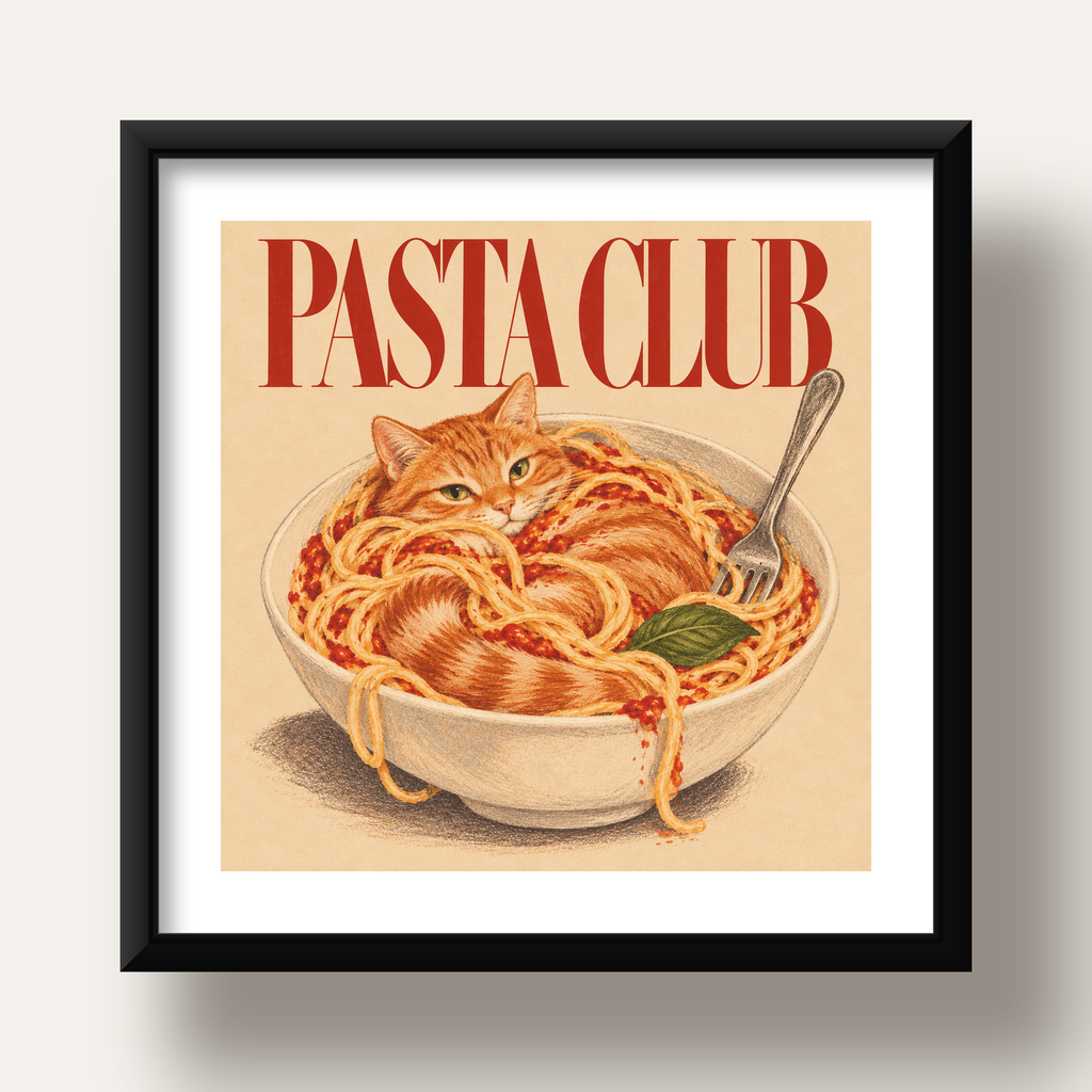 Pasta Club: Spagetti Arasında Kedi Poster – Renkli Sanat Baskısı — siyah derin çerçeveli paspartulu