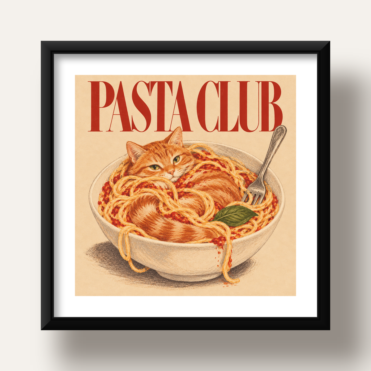 Pasta Club: Spagetti Arasında Kedi Poster – Renkli Sanat Baskısı — siyah derin çerçeveli paspartulu