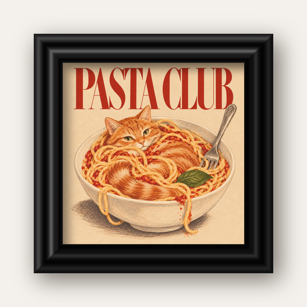 Pasta Club: Spagetti Arasında Kedi Poster – Renkli Sanat Baskısı — siyah galeri çerçeveli